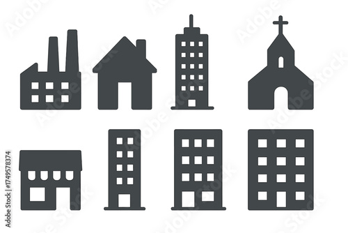 Dark gray silhouette icons for city planning and architectural structures