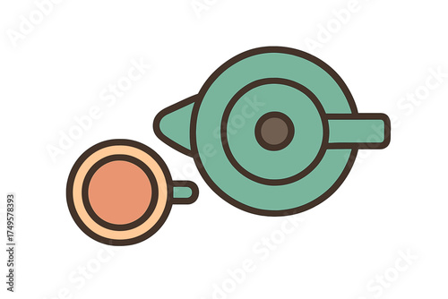 Overhead view of teapot and coffee cup in soft pastel colors
