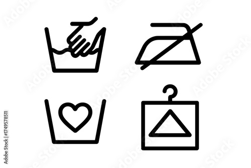 Four black line icons for garment care and washing instructions