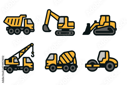 Six yellow construction and heavy machinery icons for building projects