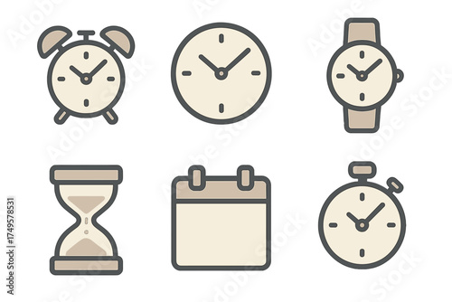 Collection of time management symbols: clock, watch, hourglass, and calendar icons