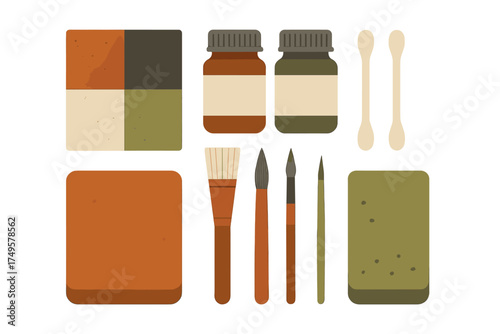 Assortment of essential art and craft tools including paint jars and various brushes