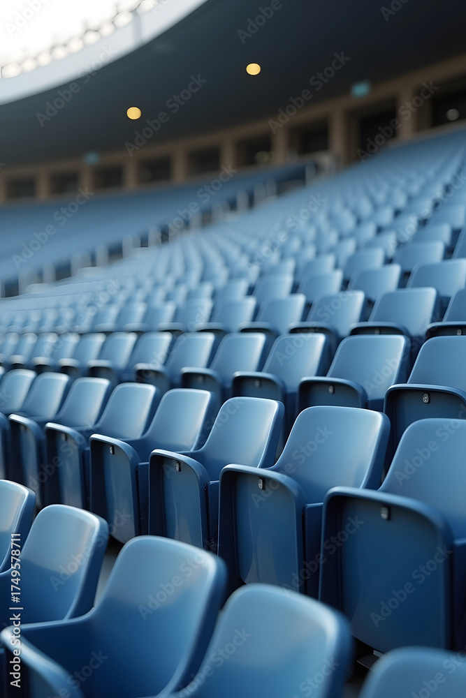 Fototapeta premium A row of empty blue seats in a stadium. Modern chairs in a sports venue.