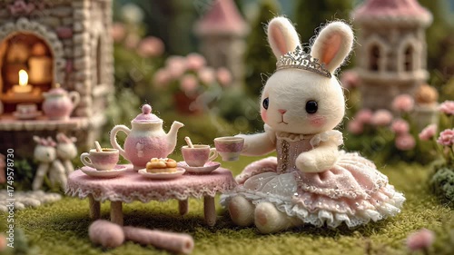 Animated bunny in elegant dress hosting tea party in whimsical outdoor scene