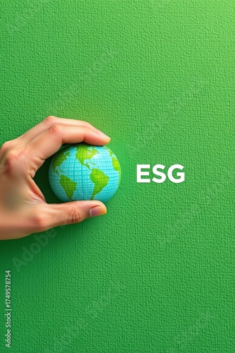 Hand Holding Globe with Esg Text Green Background