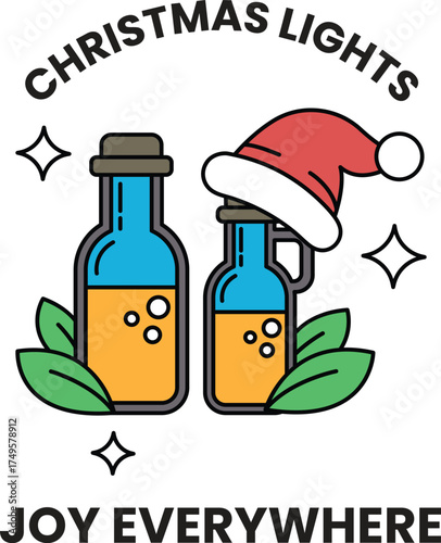 A bottle of alcohol with a green leaf on it and a red hat on top