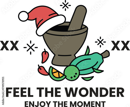 A cartoonish image of a Christmas hat and a mortar