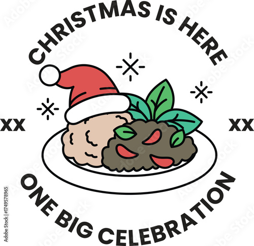 A plate of food with a santa hat on it and the words Christmas is here
