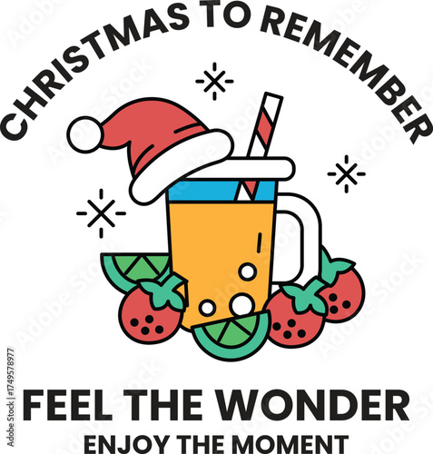 A Christmas drink with a santa hat on top of it