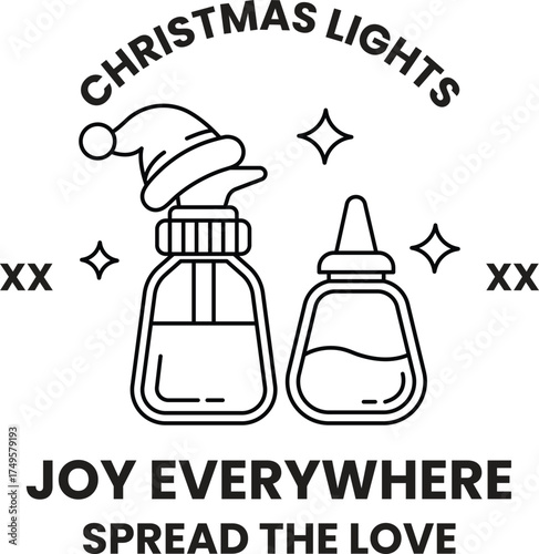 A black and white Christmas lights logo with a Santa hat on top