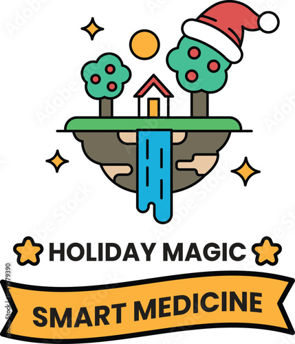 A holiday magic banner with a tree house and a waterfall