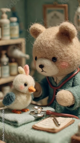 Teddy bear veterinarian examines plush bird in miniature doctors office setting