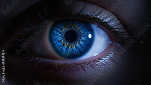 Inspirasi Close-up of a mesmerizing blue eye revealing intricate details of the iris and pupil in a dark setting.