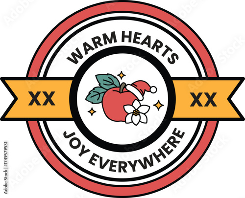 A red and white circle with a green leaf and a red apple in the center
