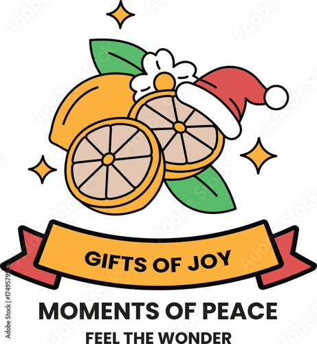 A poster with a lemon and orange on it with a santa hat on top