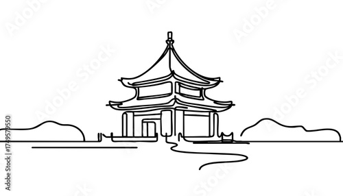 Single line drawing in modern minimalist style of traditional Chinese pagoda on white background with copy space