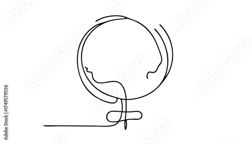 Single line drawing in modern minimalist style of feminist gender equality symbol on white background with copy space