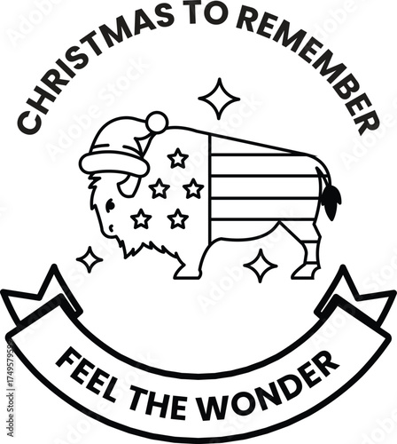 A buffalo with a santa hat on and a flag behind it