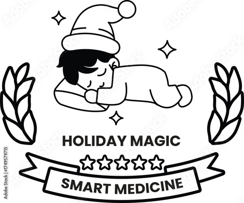 A black and white image of a child sleeping with a white hat on