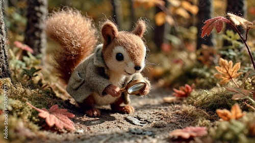 Animated squirrel in coat with autumn leaves on forest floor