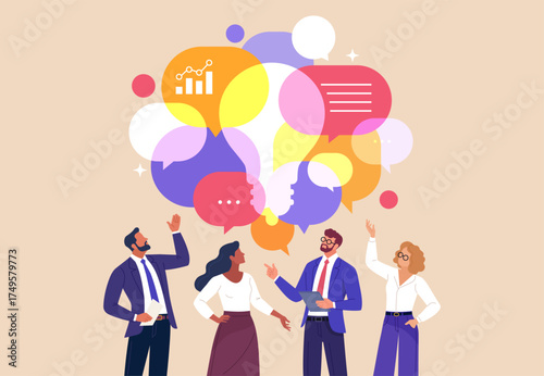Insight Session Concept. Vector illustration of a business team discussing ideas with speech bubbles and a light bulb silhouette symbolizing innovation, teamwork, and problem-solving