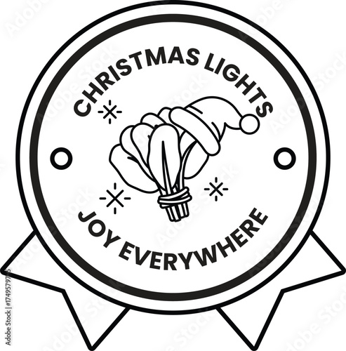 A black and white Christmas lights sticker with a Santa hat and a rope