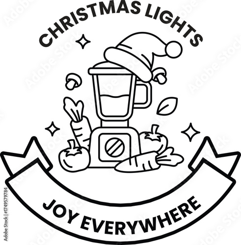 A Christmas lights logo with a blender and vegetables on it