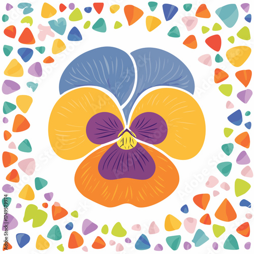 Colorful pansy flower with decorative shapes on white background