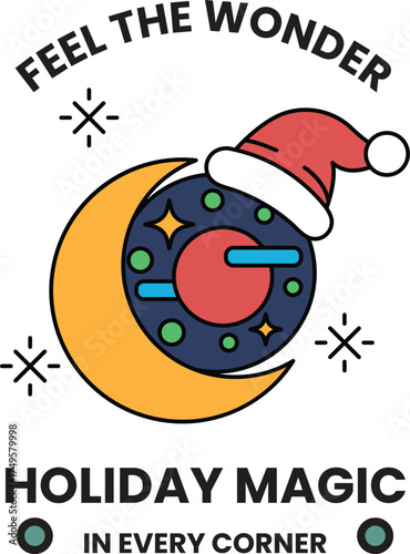 A holiday magic logo with a santa hat and a moon