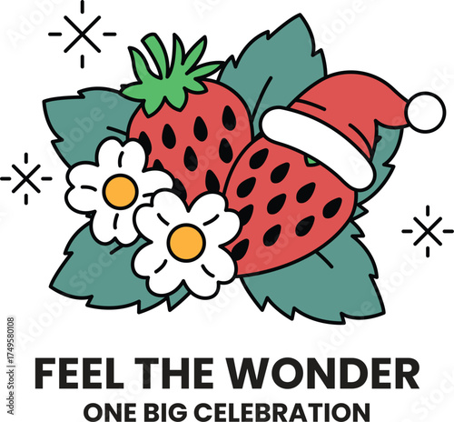 A drawing of a strawberry and a flower with a Santa hat on top