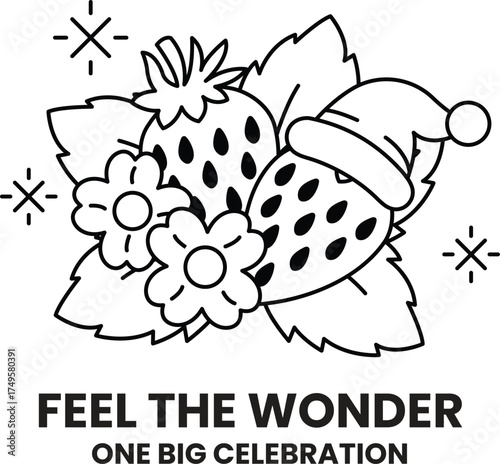 A black and white drawing of a strawberry