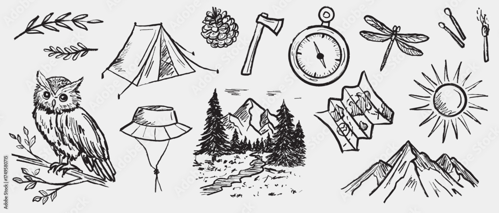 Fototapeta premium Hand drawn camping and nature forest mountain set. Vector sketch illustration in vintage crayon charcoal style. Tent, compass, axe, map, mountains, forest, owl, sun, pine cone. Travel