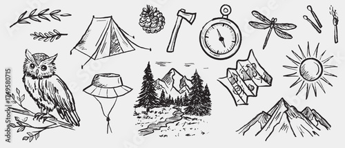 Hand drawn camping and nature forest mountain set. Vector sketch illustration in vintage crayon charcoal style. Tent, compass, axe, map, mountains, forest, owl, sun, pine cone. Travel