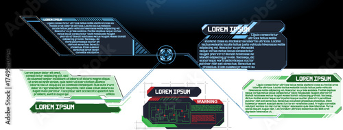 Display of digital information panels with warnings and data visuals in a futuristic design