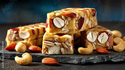 Delicious Nutty Snack Bars with Almonds, Cashews, and Dried Fruits on Slate Surface