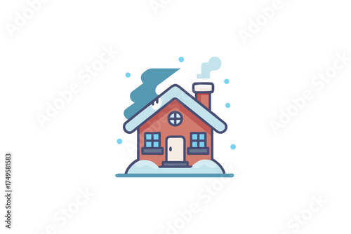 Charming winter cabin illustration with falling snow and smoking chimney silhouette