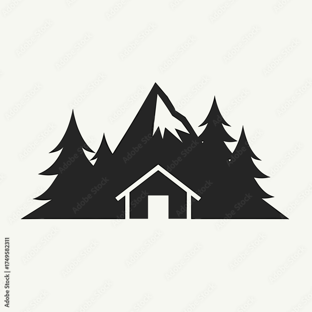 Obraz premium Isolated cabin illustration with mountain peak surrounded by coniferous trees silhouette, a charming isolated cabin with forest is depicted.