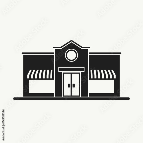 Store front illustration in black and white displaying building with awnings and doors. Minimalist store front, perfect for small businesses and retail establishments. Representing main street,