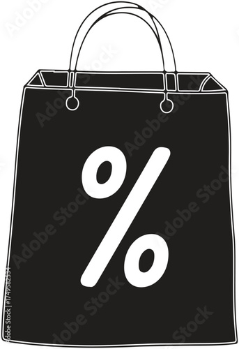 Black shopping bag with percentage symbol isolated on transparent background.