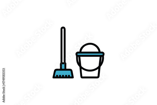 Simple illustration depicting a mop and bucket in dark outline silhouette