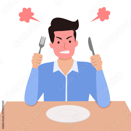 A man in a blue work uniform sat waiting for his food, very hungry and angry that it was so slow to arrive.