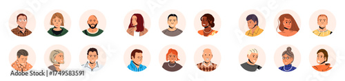 Diverse set of avatar icons featuring men and women with different appearances and ages for social media and user profile pictures.