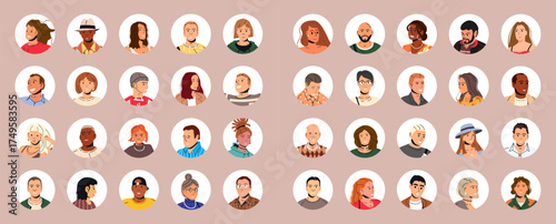 Diverse man and woman avatars for social media profiles. collection of various people faces in circles for user interface element.
