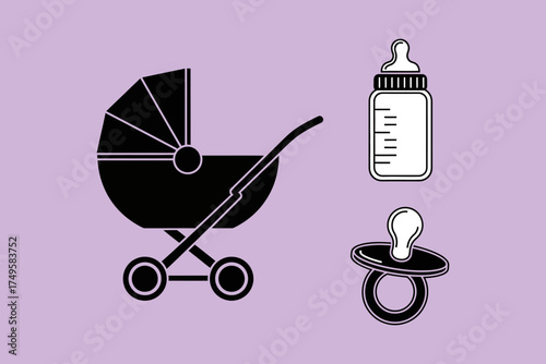 Illustration of a baby stroller alongside a baby bottle and pacifier on a soft purple background