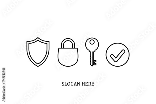 Icons representing security concepts including a shield, padlock, key, and checkmark with a slogan