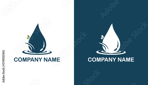Minimalist logo design featuring a water droplet with leaves, symbolizing sustainability and nature