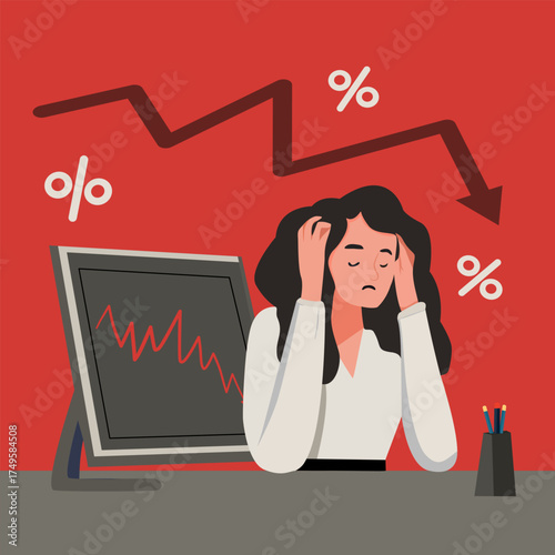 Stock Market and Interest Rate Anxiety, A woman sits stressed, with a downward trend graph and percentage.