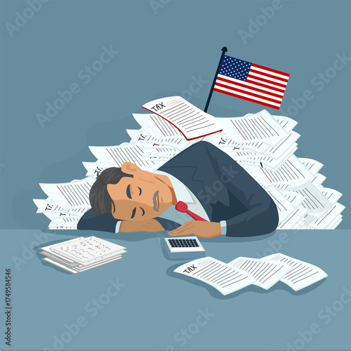 A businessman lies on a pile of documents with an American flag on it, expressing his exhaustion with American tax documents.,  Exhausted with U.S. Tax Documents concept.