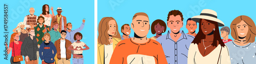 Diverse group of men and women standing together, symbolizing community, unity, and social diversity for an inclusive design.