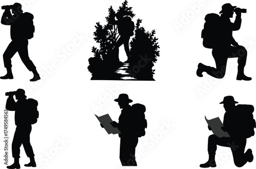 Collection of Hiker Silhouettes, Exploring, Photography, Navigation, Observation, Trekking, Backpacking, Outdoor Adventure, Travel and Leisure Set, Vector.